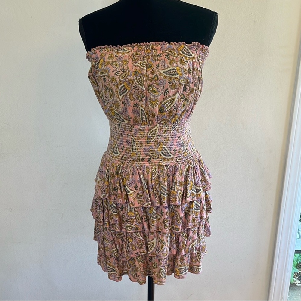 Aqua Strapless Paisley Tiered Ruffle Skirt Dress